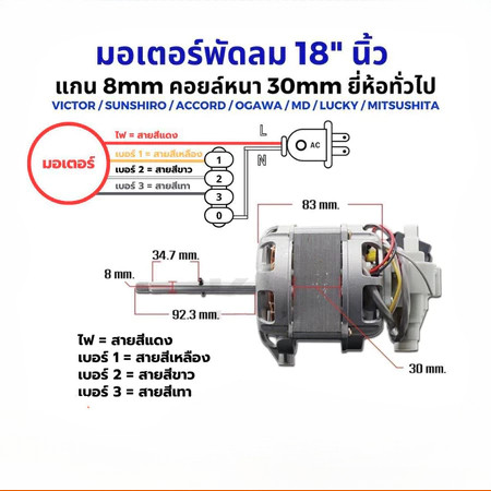 มอเตอร์พัดลม 18 นิ้ว แกน 8mm คอยล์หนา 30mm ยี่ห้อทั่วไป VICTOR / SUNSHIRO  OGAWA / MD / LUCKY / MITS