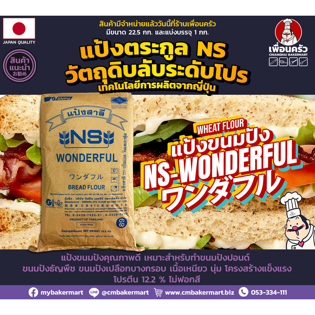 Nisshin NS-Wonderful Unbleached Bread Flour แป้งขนมปังไม่ขัดสี กระสอบ 22.5 kg. (01-7723)