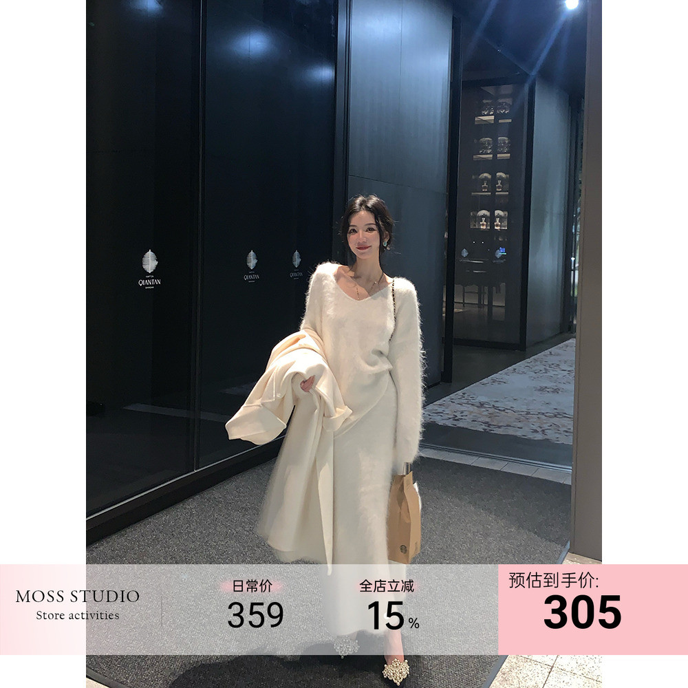 MOSS STUDIO Love Venice อัลปาก้า brushing V-neck กระโปรงครึ่งตัว สไตล์วินเทจและสวมใส่ง่าย