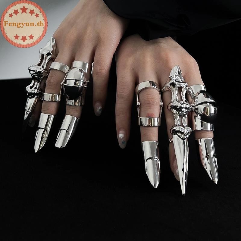FENGYUN Punk โลหะ Exoskeleton นิ้ว Joint Bone แหวน Gothic Rock เครื่องจักรปลายนิ้วแหวนยาวแหวนเครื่องประดับของขวัญ TH
