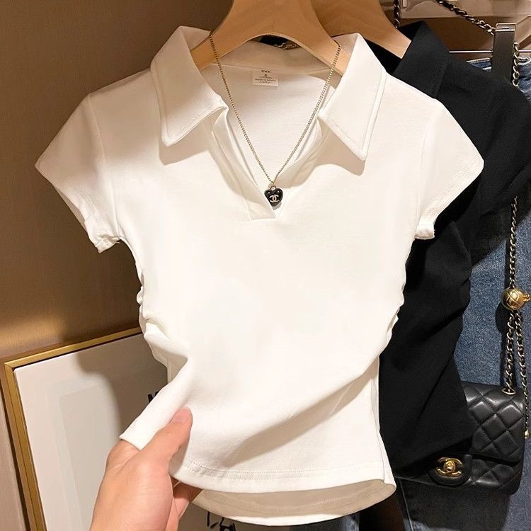 เสื้อโปโลผู้หญิงแบบเกาหลี ผ้าฝ้ายแท้ สีทึบ คอปก ทรงกระบอกเอวแคบ แขนสั้น【Pdd33】