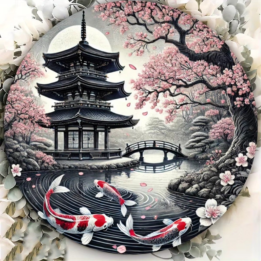 ป้ายศิลปะโลหะ Temple Garden Koi Fish จากเหล็ก สำหรับตกแต่งผนัง และเป็นของขวัญพิเศษ