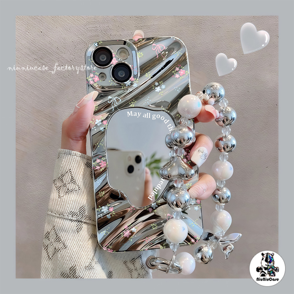 ดอกไม้สีชมพู INS เคสสำหรับไอโฟน13 Wave Mirror For iPhone 16 11 15 12 13 14 15 Pro Max 7 8 Plus X XR XS เคส ป้องกันการตก