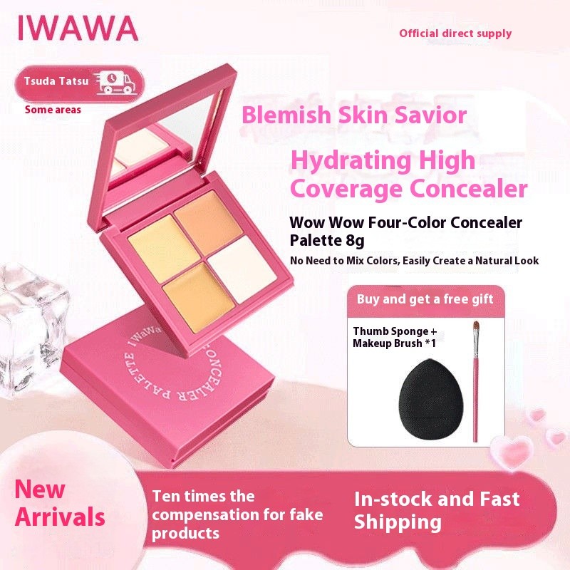 Iwawa Four-Color คอนซีลเลอร์ Palette ขนตาปลอมปกปิด Dark Circles Spots Acne Marks Nasolabial พับ Hydrating Contour Brightening Cream