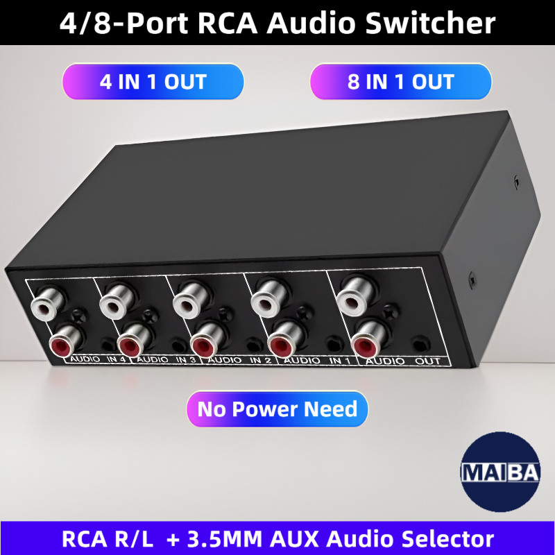 4-Port RCA Audio Switcher 4 in 1 Out Bidirectional Passive RCA L/R + 3.5 มม.Aux Analog Audio Share Selector กล่องสวิทช์ไม่จําเป็นต้อง
