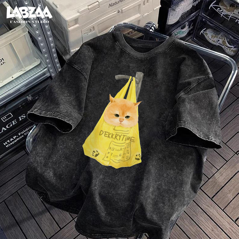 ลำลองแมทช์ลุคง่าย⚡ระบายอากาศ วินเทจฟอกน้ำ ลายพิมพ์แมวน่ารัก แนวสตรีทแฟชั่น ผ้าแห้งเร็ว YG628