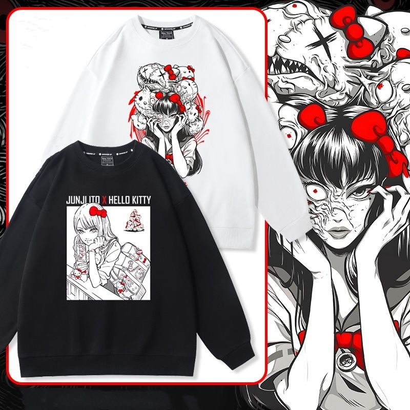 [คลังสินค้าพร้อม] Junji Ito x Sanrio Tomie xHelloKitty Hello Kitty สินค้าร่วมแบรนด์สองมิติสีดําสีขาว