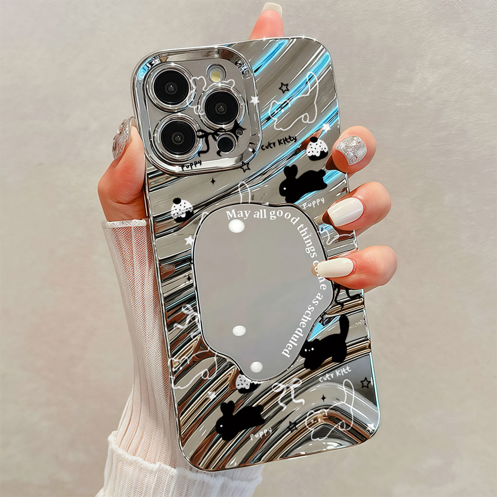 พร้อมส่ง เคสสำหรับไอโฟน13 แมวกระต่าย สร้อยข้อมือ เคสกระจกลายหยัก For iPhone12 13 14Pro MAX 16 15PLUS