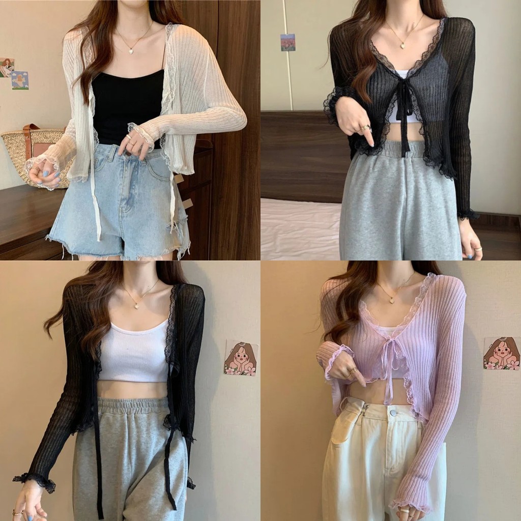🍒Evelyn🍒เสื้อคลุมซีทรู ผู้หญิง ไหมพรมลายลูกไม้ดีเทลผูกเชือกได้ สไตล์เกาหลี หลากสี ส่งไวจากไทย#9515