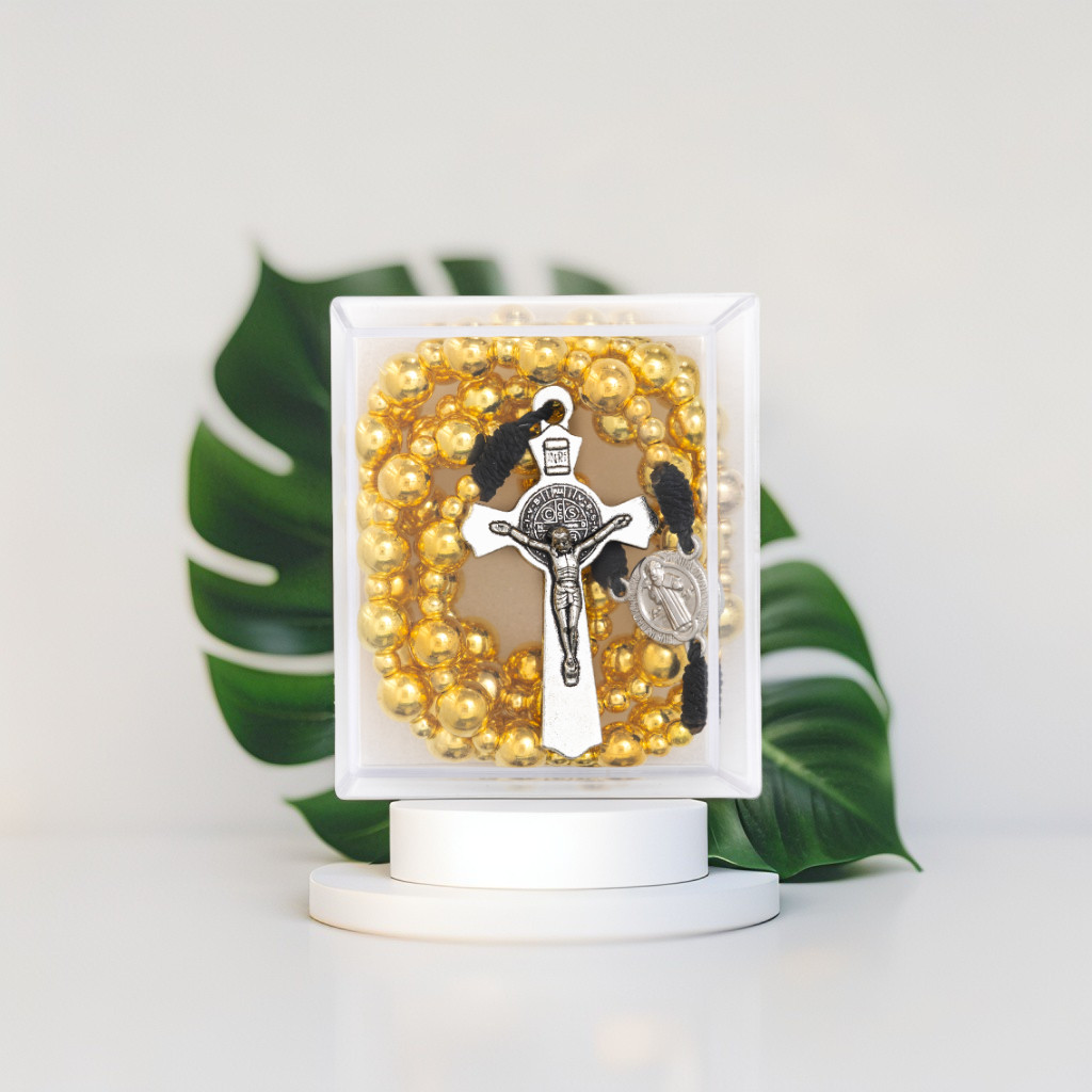 8MM GOLD BENEDICT ROSARY / CATHOLIC BENEDICT ROSARY NECKLACE / ORIGINAL CATHOLIC ROSARY