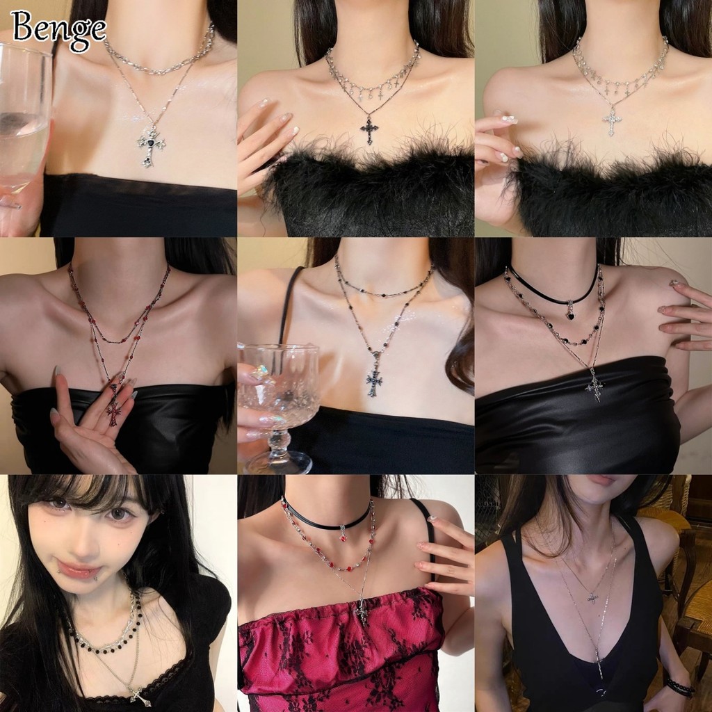 Benge Multi-layered Black Cross Y2K สร้อยคอดизайнVintage เครื่องประดับแฟชั่นและสง่าสำหรับทุกวันและการให้เป็นของขวัญ