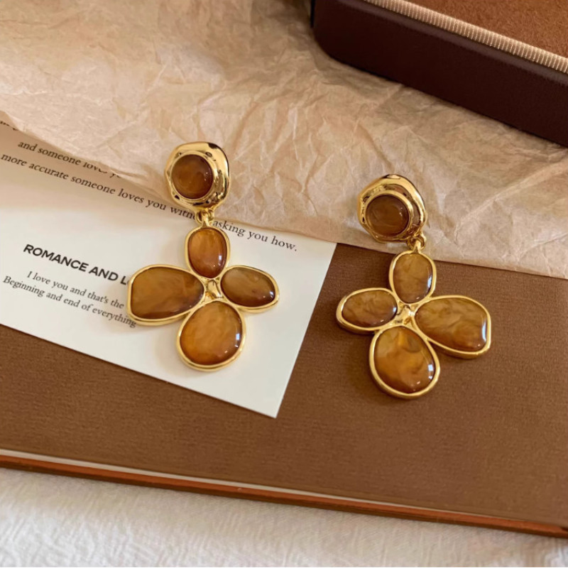 ต่างหูประกายอำพันดอกไม้สไตล์วินเทจสำหรับผู้หญิง, เครื่องประดับหรูหราน่ารัก