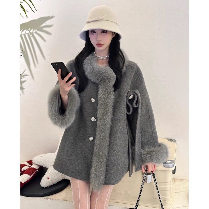 [Mousse Girl] French Rich Daughter High-End Bow Grey Coat Winter Loose Coat
