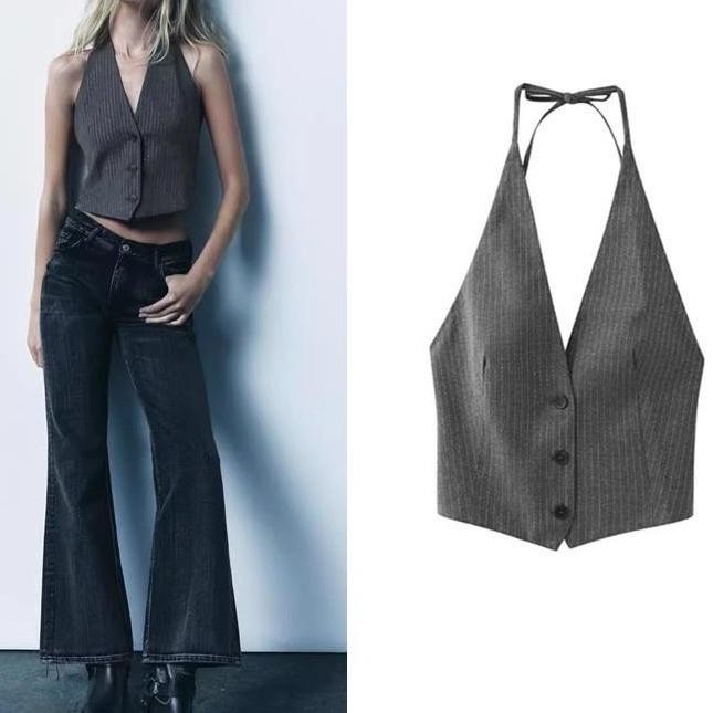 mimi&didi#เสื้อกล้าม Pinstripe สำหรับผู้หญิง คอวี เปิดหลัง ผูกผีเสื้อด้านหลังเพื่อรัดเอว#99192