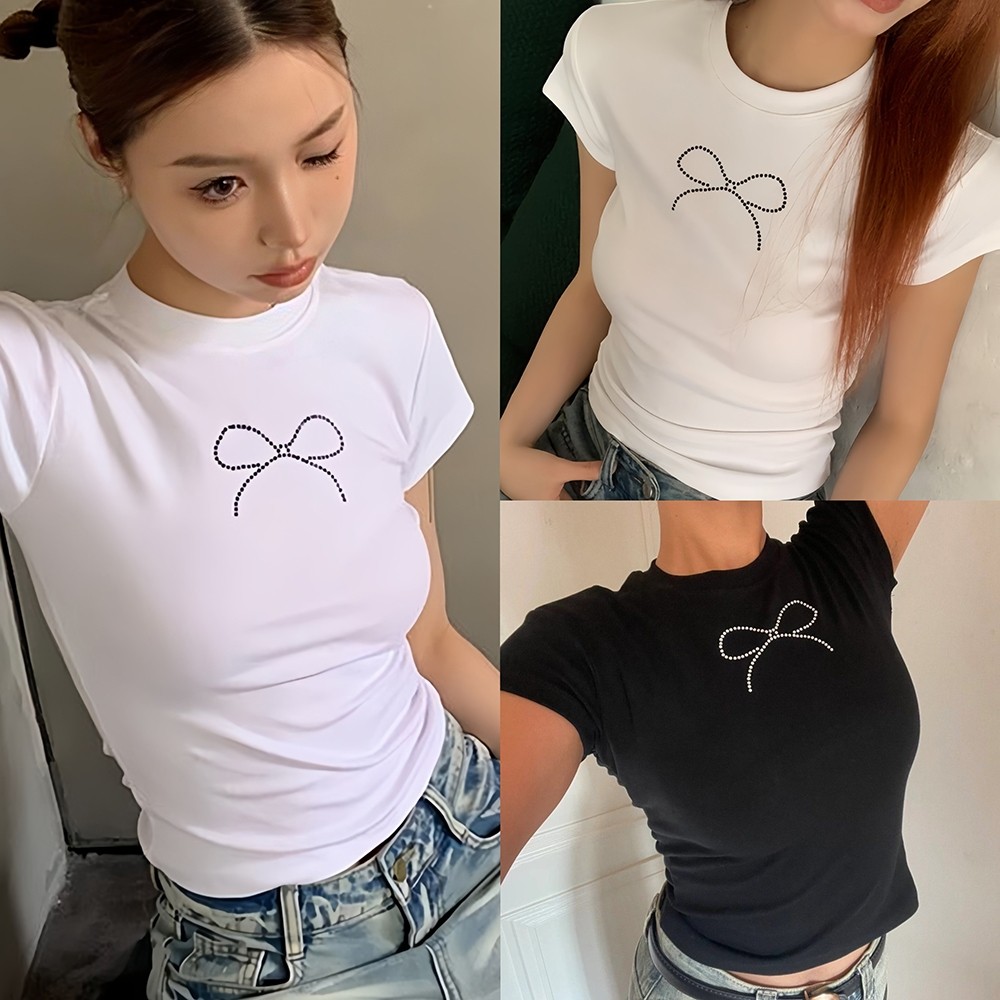 Hotgirl พร้อมส่งจากกทม Y2K CROP TOP เสื้อยืดแขนสั้นคอกลมผู้หญิงสีขาว เสื้อครอปสั้นดัดโบว์เซ็กซี่ ทรงเข้ารูป