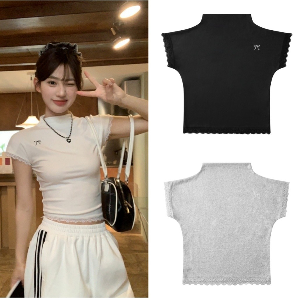 Bella shop เสื้อยืดสวยๆผู้หญิง เสื้อยืดเข้ารูป แต่งโบว์ ดีไซน์ขอบลูกไม้ แขนสั้น สีพื้น สไตล์เกาหลีเรียบง่าย