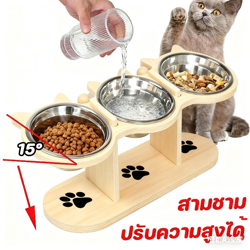 ชามแมวยกสูง ชามสัตว์เลี้ยงยกระดับ ชามอาหารสัตว์ ทนทาน สามชาม ชามสแตนเลส ชามเอียง ตัวฐานเป็นไม้ ปรับความสูงได้