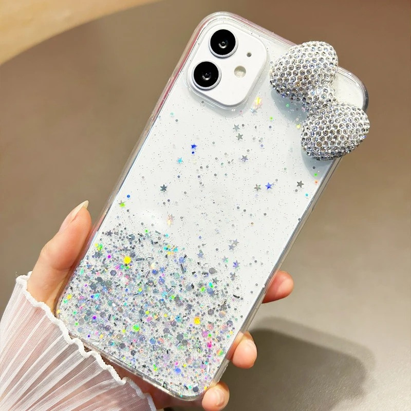 3D Rhinestone Bow Litchi Glitter โปร่งใสเคสโทรศัพท์สําหรับ Tecno Spark Go 2024 23 22 21 2020 20C 10C