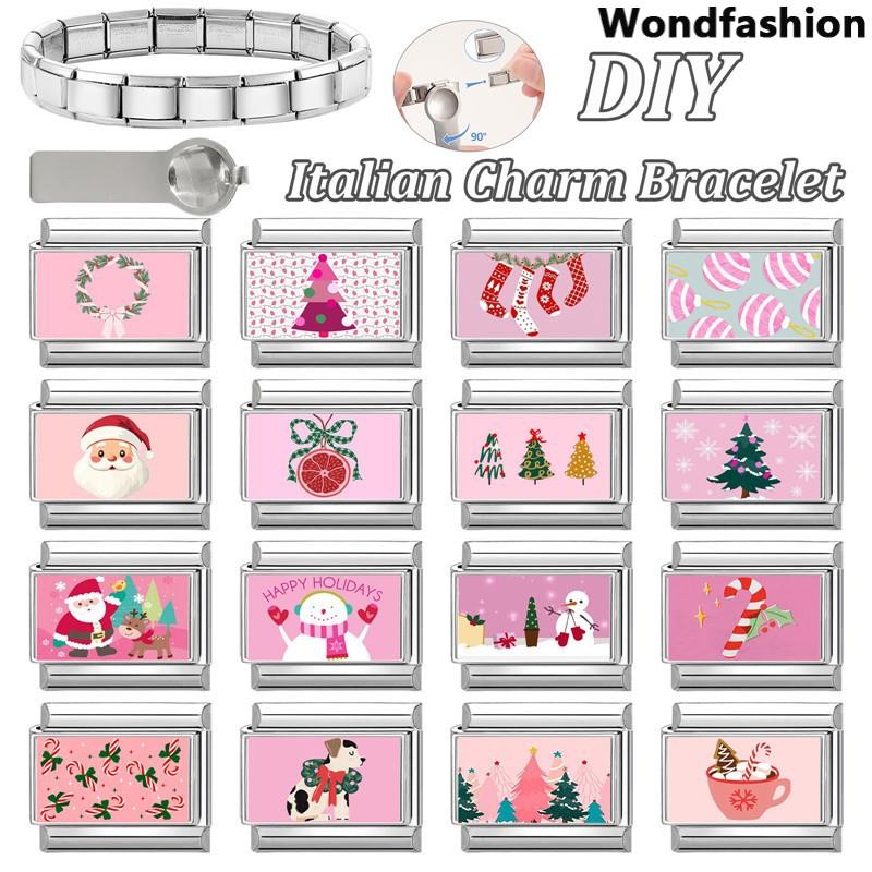สร้อยข้อมือcharm สีชมพู พิมพ์สไตล์อิตาเลียน ขนาด9มม. จากสแตนเลส ตกแต่งแบบเรโทรสำหรับคุณ