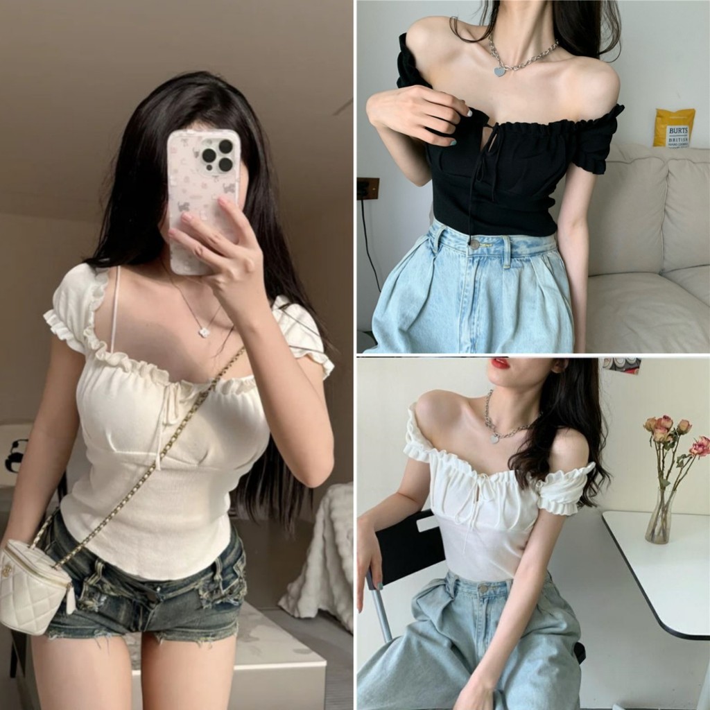 Bella Shop เสื้อยืดผู้หญิงแขนสั้นแขนสั้นทรงสลิมฟิตสไตล์เกาหลีผูกเชือก เสื้อยืดแขนสั้นทรงสลิมเซ็กซี่