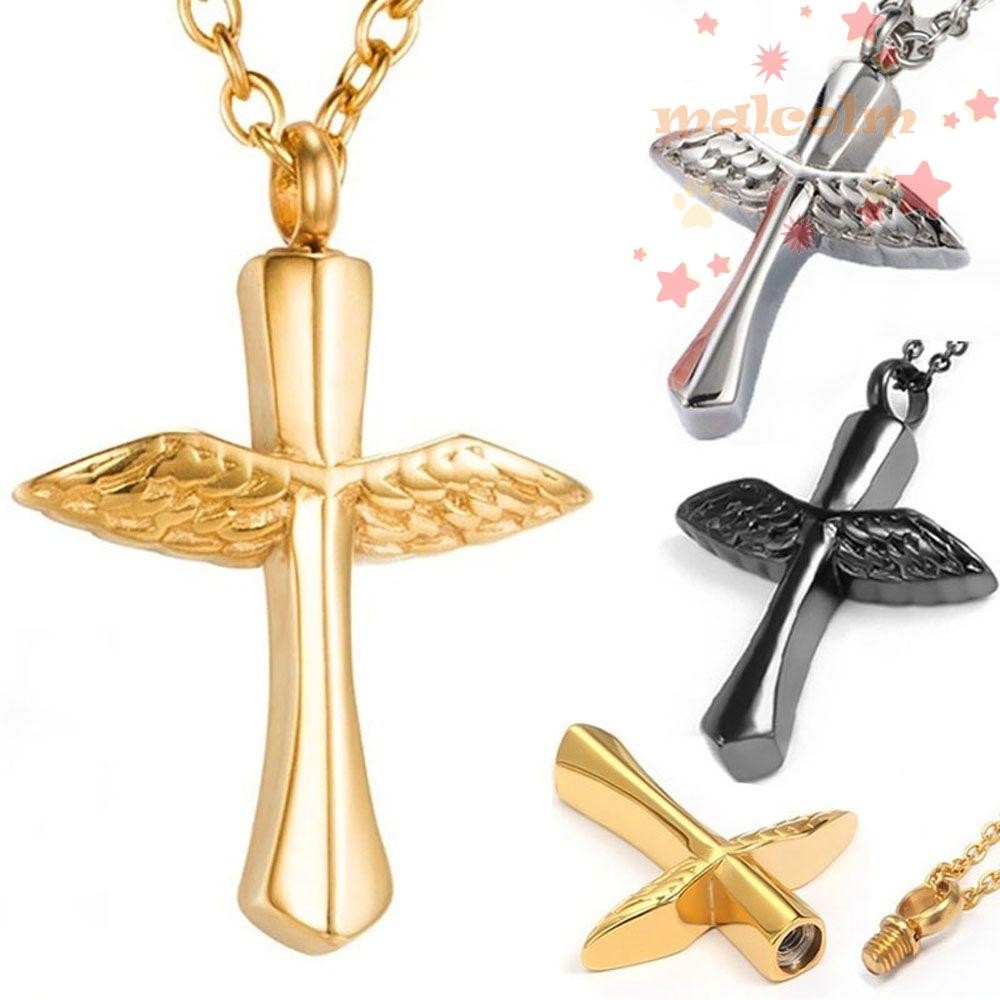 MALCOLM Urn สร้อยคอสแตนเลส 1 ชิ้น Memorial Cross Angel Wings Vial จี้