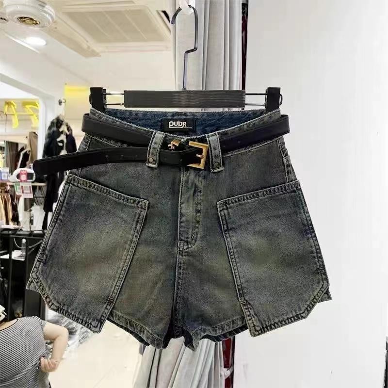 Chenelle-shopกระโปรงยีนส์ เอวสูง ผ่าข้าง แต่งเย็บติดกางเกงซับด้านใน ทรงสวย เข้ารูป สไตล์เกาหลี