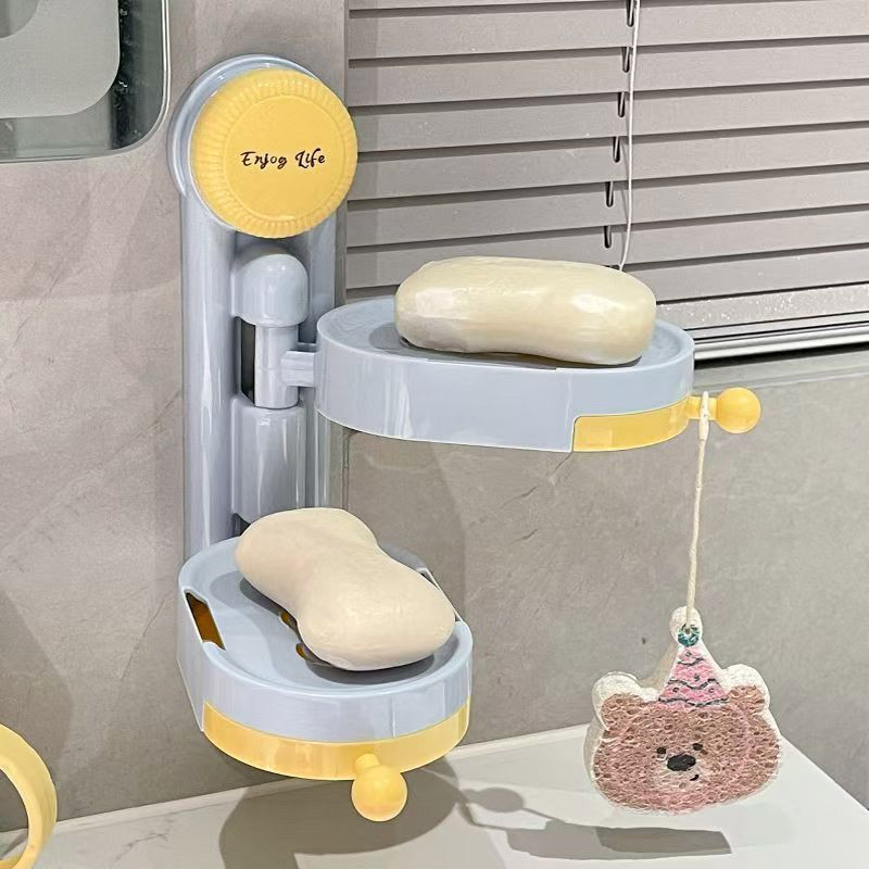 ที่วางสบู่ ที่ใส่สบู่ติดผนัง 2 ชั้น (ไม่ต้องเจาะผนัง) ชั้นกล่องสบู่หมุน มีช่องระบายน้ำ หมุนได้180องศา