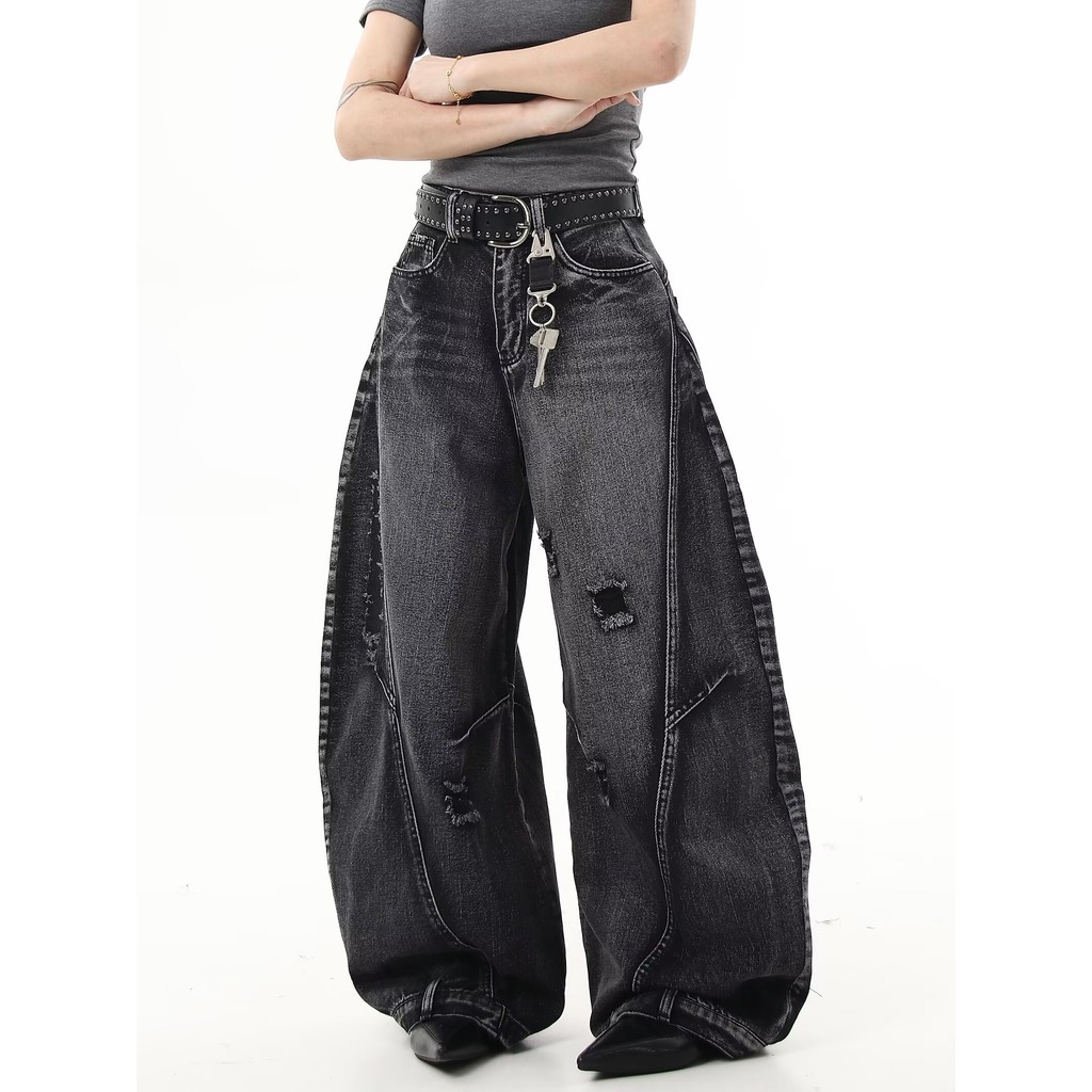 Femca กางเกงยีนส์สีดำ คุณภาพสูง ขากว้าง อเมริกัน high street ins แฟชั่น ชายหญิง M-3XL