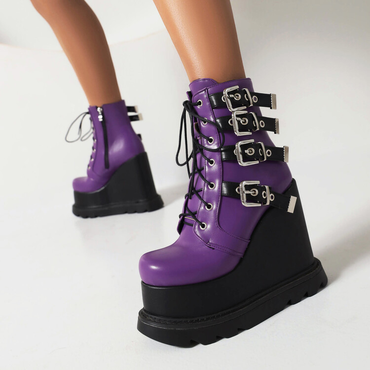 MTH36-43 ขนาดขนาดใหญ่สีม่วงรอบ Toe Wedge ส้นหนาSoledรองเท้าสั้นผู้หญิง Lace-Up แบนสายคล้องคอสาวร้อนแ