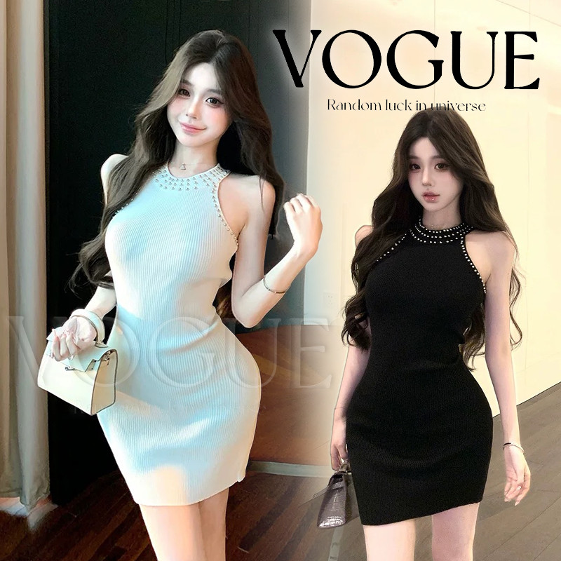 Vogue🌟พร้อมส่ง🌟 ชุดมินิเดรส ทรงรัดรูปผ้าไหมพรม เรียบหรู ดูแพงมาก (V583)
