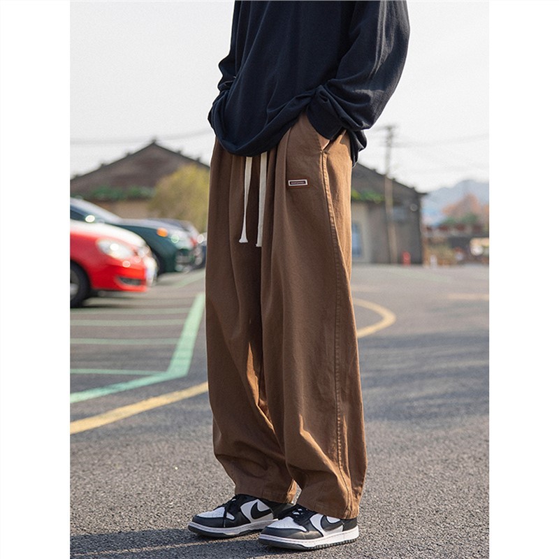 美美复古色裤子男春秋ootd 穿专用装休闲工裤直筒宽松黑头饰裤ย้อนยุคแกงกางเกงผู้ชายฤดูใบไม้ผลิและฤดูใบไม้ร่วง ootd中式男装秋冬