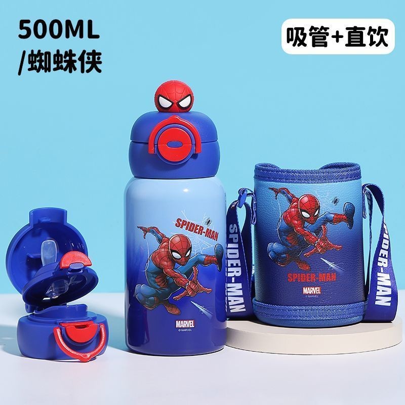Disney Children Thermos Cup 316 Stainless Steel Double Drinking Cup Straw Water Bottle Spiderman Ultraman