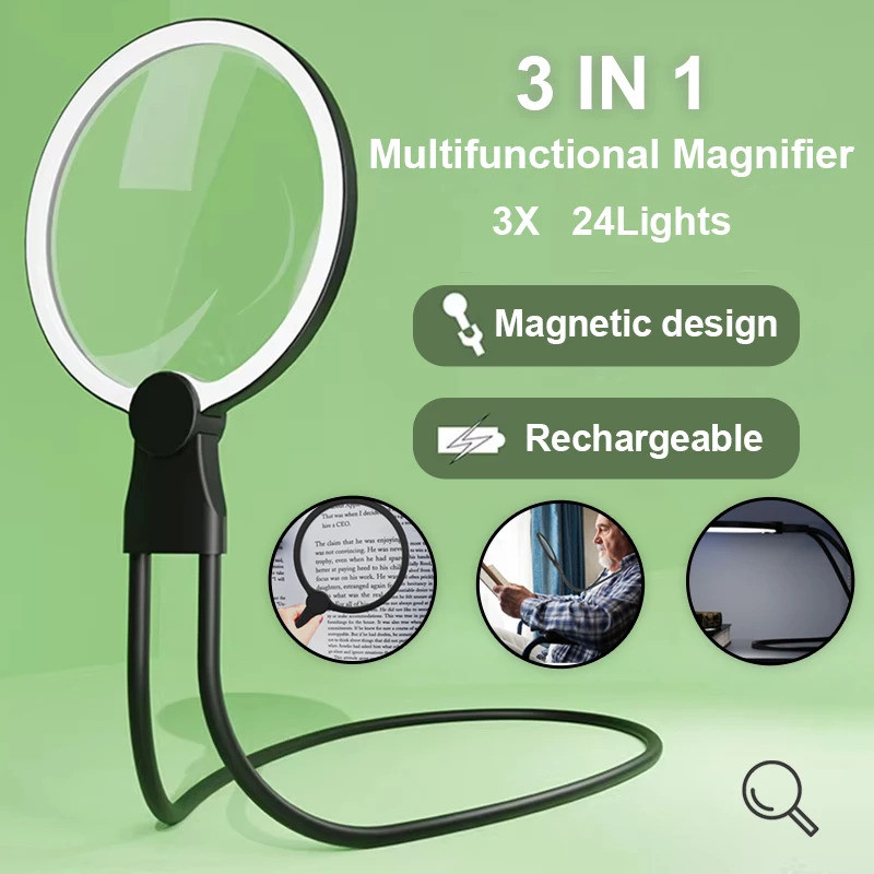 3 In 1 Hd แว่นขยายคอสวมใส่ที่ถอดออกได้แว่นขยาย 24 ไฟ Led 3x แฮนด์ฟรีแว่นขยายสําหรับอ่านหนังสือ Repai