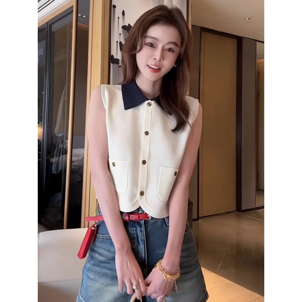 Gakki เสิ้อกล้ามแขนกุดไหมพรม เสื้อกั๊กผู้หญิงกระดุมแถวเดียวเก๋ไก๋และทันสมัย รุ่น M2380#