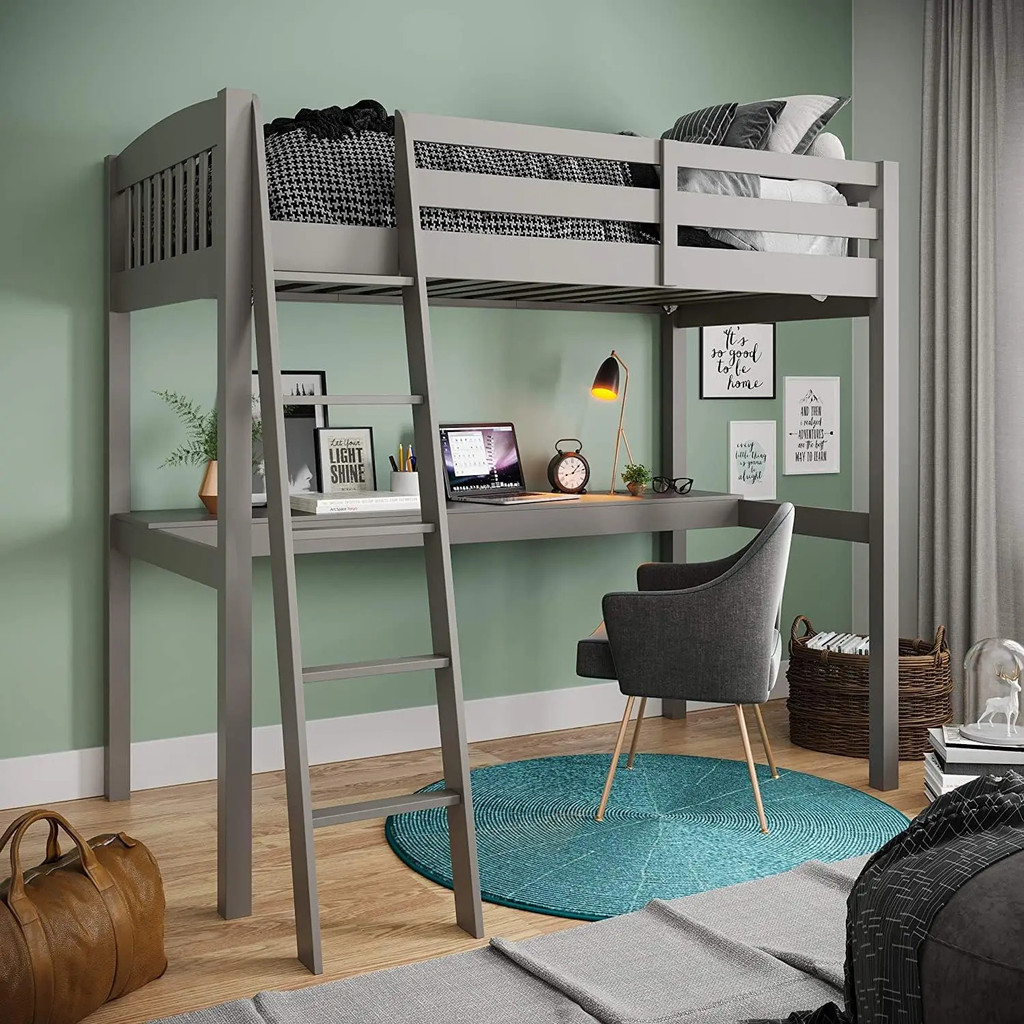 Everest Grey High Loft Bed Desk Storage, Heavy Duty Solid Wood Size Loft Bed Frame บันไดเด็ก