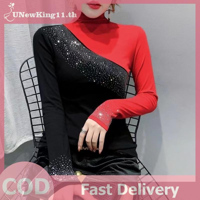 UNewKing เสื้อแขนยาว 여성 Chic และเซ็กซี่ พร้อมลายตัดกันสีและเพชรแวววาว