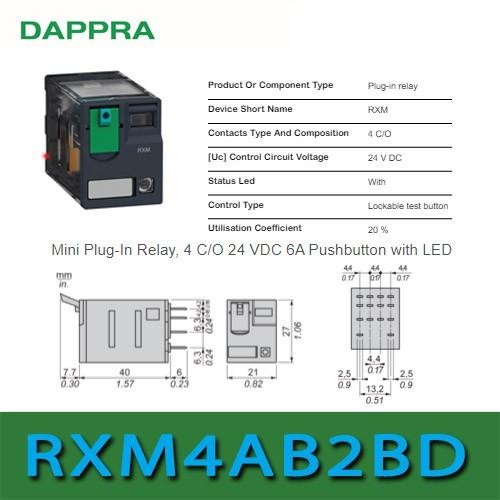 RXM4AB2BD รีเลย์ 24VDC 650Ohm 6A 4PDT RXM Series รีเลย์ PS10 JIE27