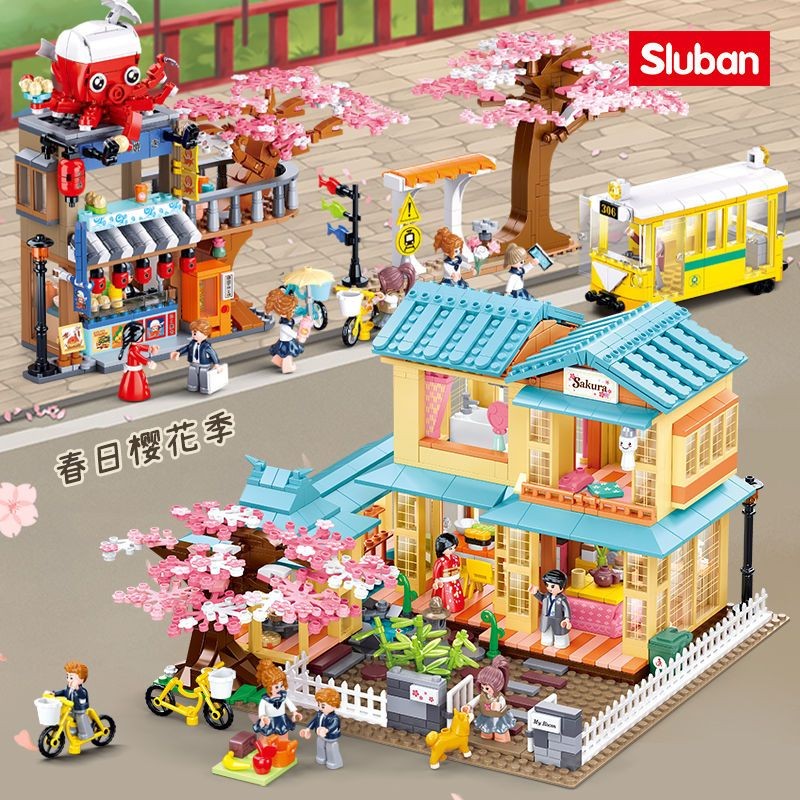 Little Luban ใช้งานร่วมกับ Lego Cherry Blossom Cabin สไตล์ญี่ปุ่น Street View City Building Block Ho