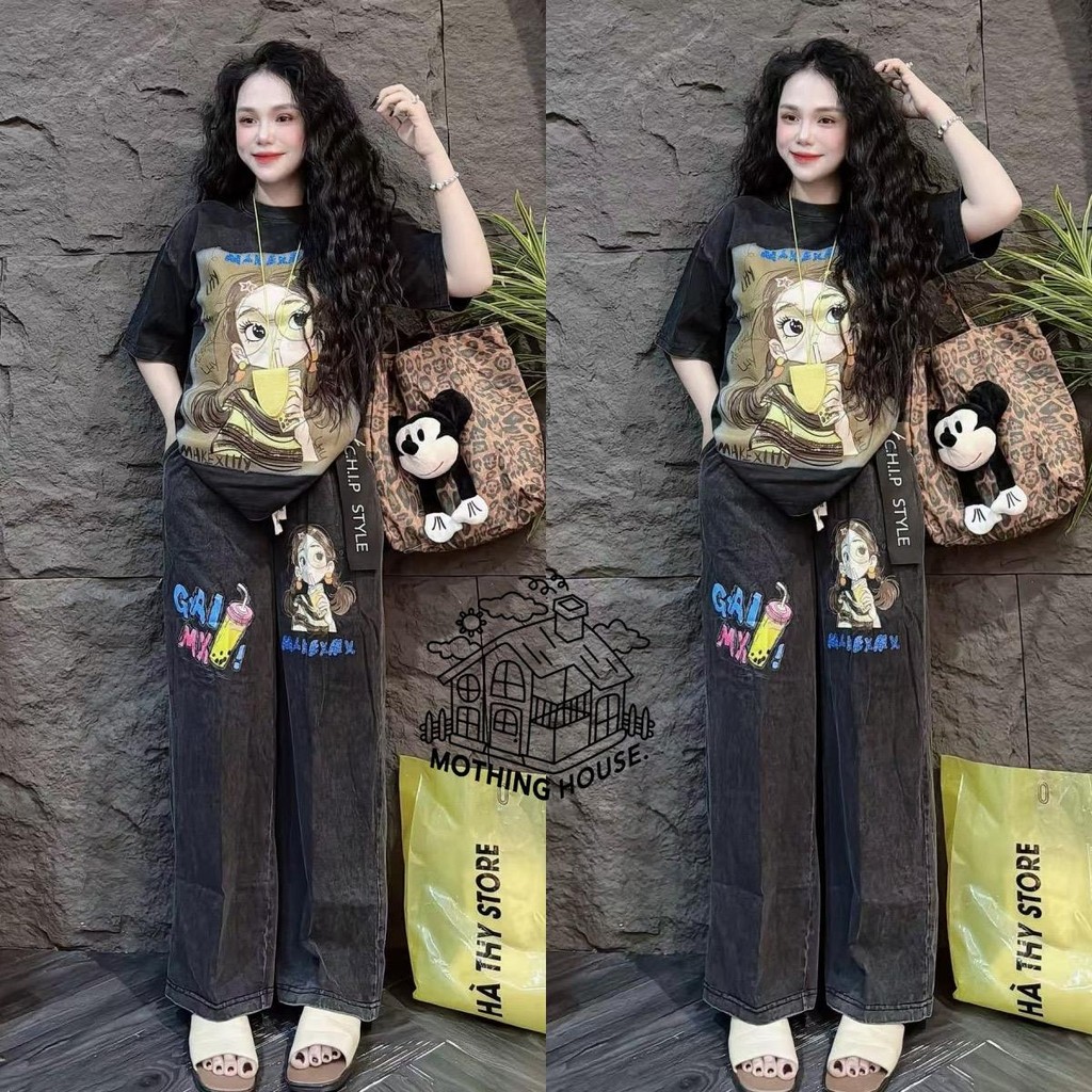 Meijashop No.Set5714 ชุดเซ็ท2ชิ้น ลายผู้หญิงชาไข่มุก *กางเกงผ้ายีนส์เทียม* ชุดเซ็ท ชุดแฟชั่น ราคา ถูกที่สุด ดีลบีเคเค แกลเลอรีภาพที่ 4