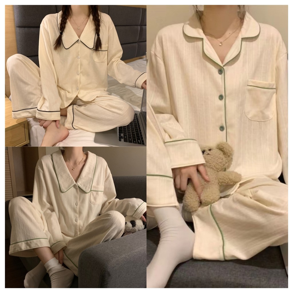 ชุดนอน Jacquard นุ่มสบาย กางเกงขายาวแขนยาว