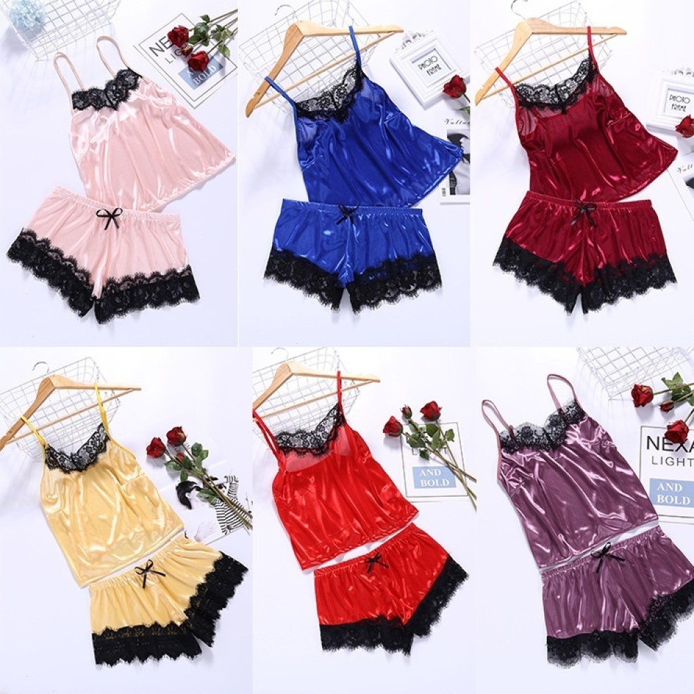 ชุดนอน เสื้อสายเดี่ยว พร้อมกางเกง ขาสั้น ประดับลูกไม้ สำหรับสตรี Women s pajamas LittleStar19 ✨june2