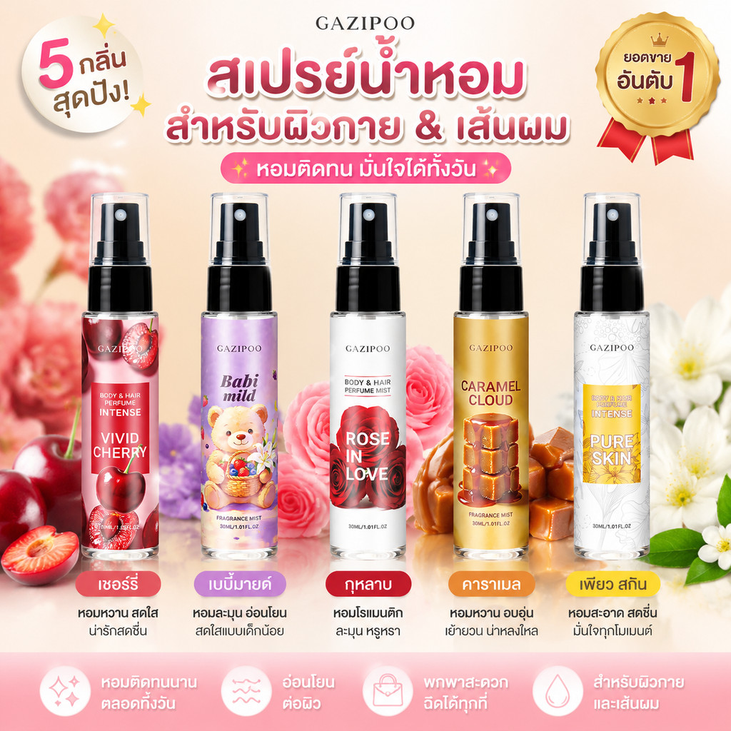 น้ำหอมฉีดผมและผิว GAZIPOO หอมปัง ยอดขายอันดับ 1 ติดทนนาน ลดกลิ่นอับ สเปรย์ตัวหอม อ่อนโยน มีปลายทาง พร้อมส่ง