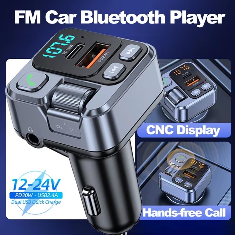 30W Car Charger Fast Charging Adapter FM บลูทูธเครื่องส่งสัญญาณแฮนด์ฟรีพร้อมแรงดันไฟฟ้า Monitor MP3 