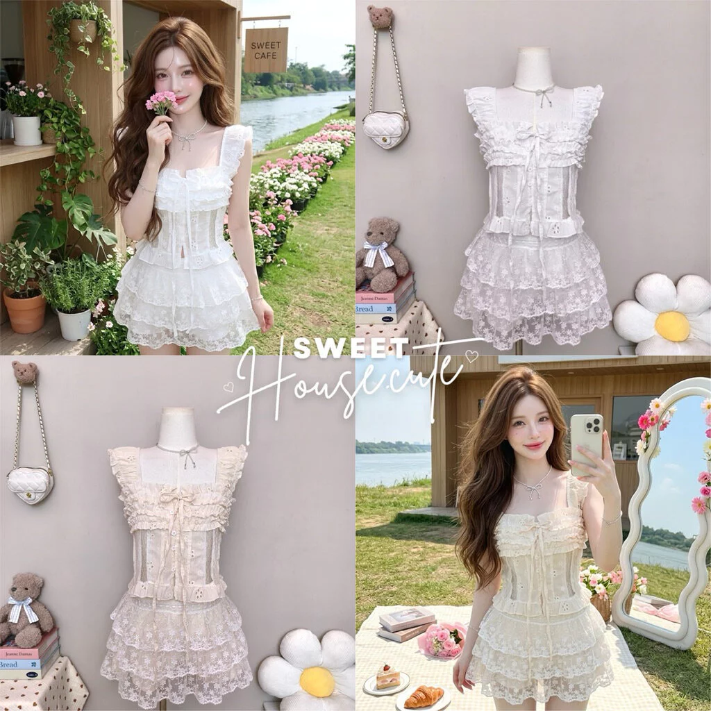 🧸 SweetHouse #738 🌻 เสื้อระบายแต่งลูกไม้ โบว์หน้า สายระบาย + กางเกงลูกไม้สาวหวาน