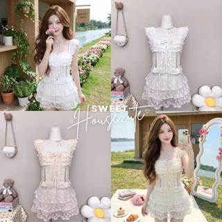 🧸 SweetHouse #738 🌻 เสื้อระบายแต่งลูกไม้ โบว์หน้า สายระบาย + กางเกงลูกไม้สาวหวาน