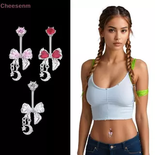 Cheesenm Y2K สไตล์โบว์ดาว Moon Dangle Belly ปุ่มแหวนสแตนเลสคริสตัล Navel เจาะสําหรับ Streetwear ชุด TH