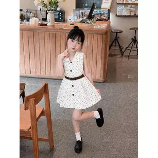 G444 (ขนาด 90-140) เดรสลูกสาวแขนกุดคอปกลายจุดกระโปรงบาน มีเข็มขัด