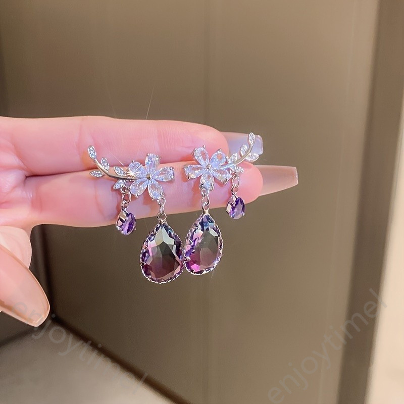 925 ดอกไม้รูปร่างสาขา Zirconia & Waterdrop Zirconia ต่างหูเครื่องประดับหรูหราหญิงอุปกรณ์จัดเลี้ยง