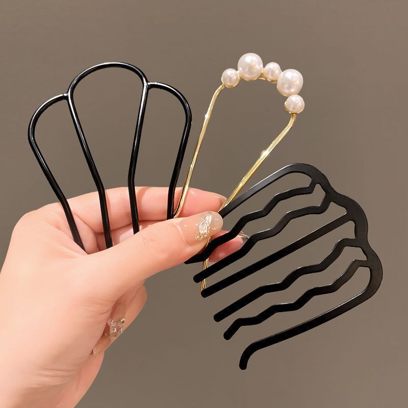懒人盘发固定神器U型四齿插梳丸子头发簪后脑勺发卡头饰Hair styling tool for lazy people, fluffy flower buds, hair accessories, t