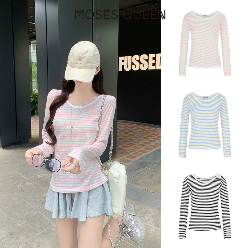 MOSESQUEEN เสื้อยืดแขนยาวคอวีลายทางสไตล์เกาหลี, ฝาครอบป้องกันแสงแดดน้ําหนักเบา, ผ่อนคลายและสบายด้านบน #63818